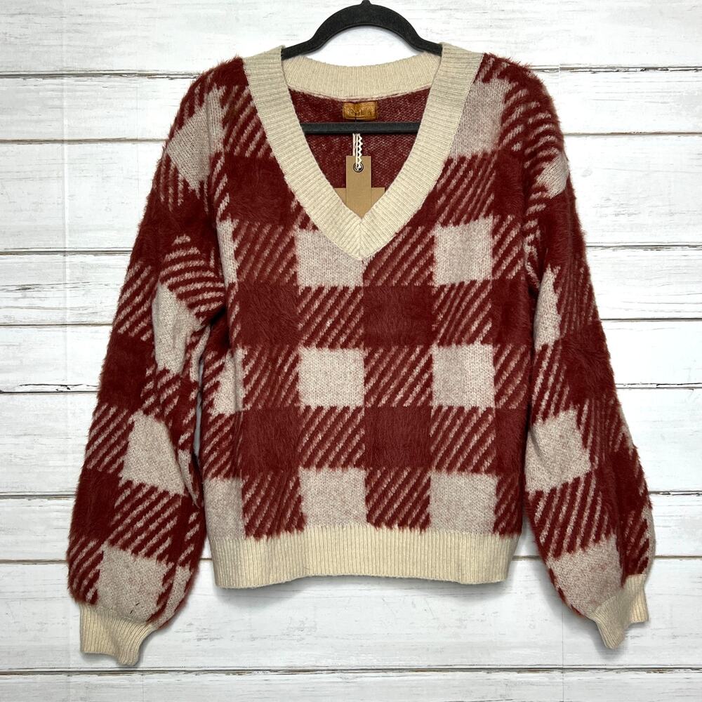POL Red Plaid Fuzzy Knit Sweater V-Neck Cozy Pullover Size Small